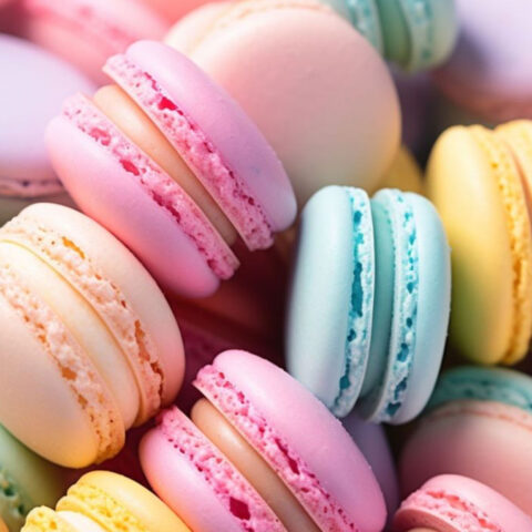 French macarons in pastel shades, stacked in a row